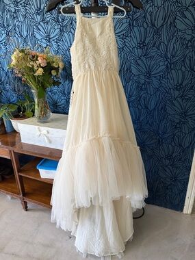 Joyfolie Ivory Lace Bodice Layered Tulle High-Low Flower Girl Dress